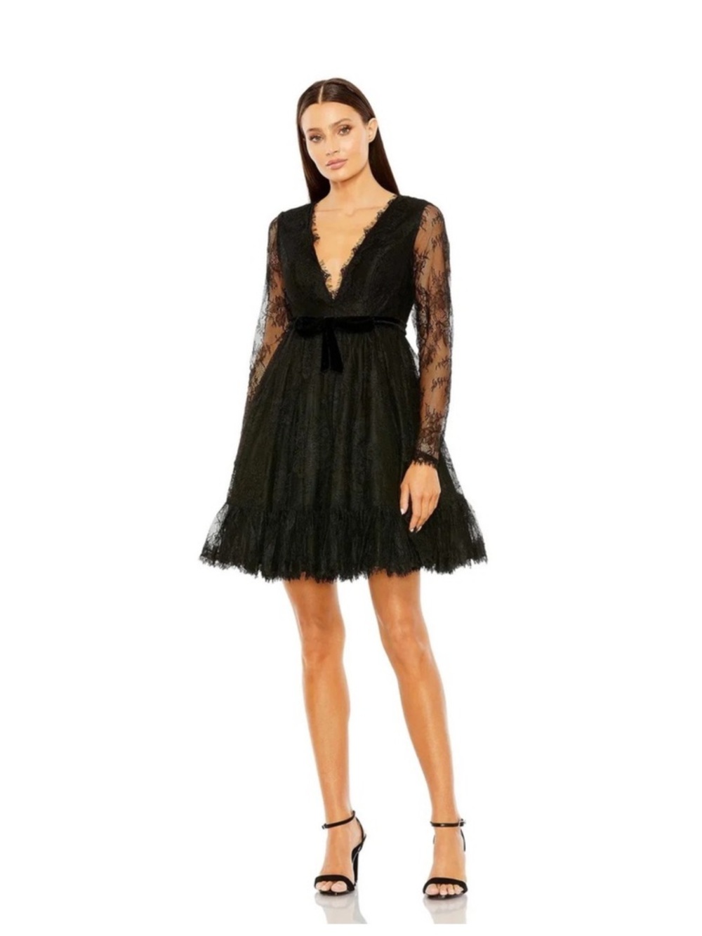 Mac Duggal Black Lace V-Neck Long Sleeve Cocktail Dress Size 8 NEW 49794